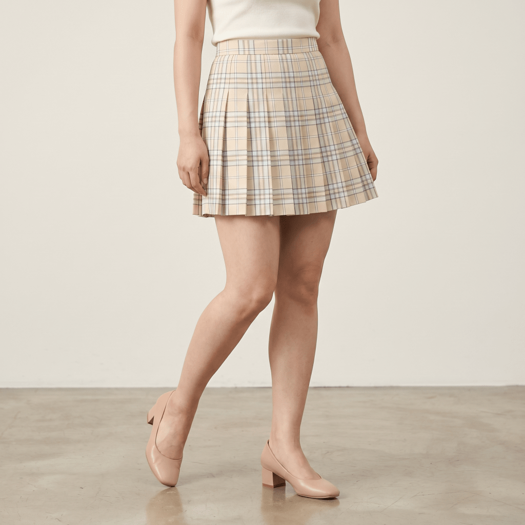 Cream Campus Pleated Skirt With Bow Tie Bundle - BareLayer