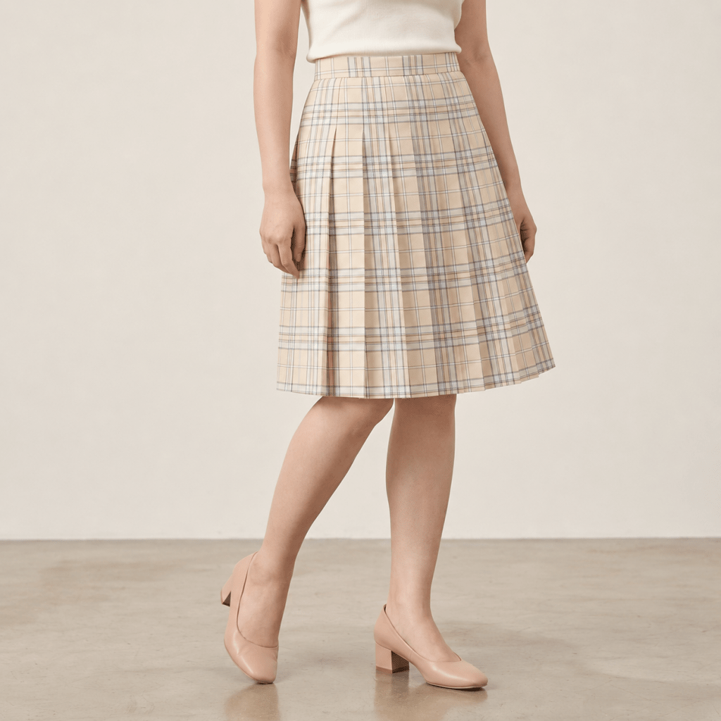 Cream Campus Pleated Skirt With Bow Tie Bundle - BareLayer